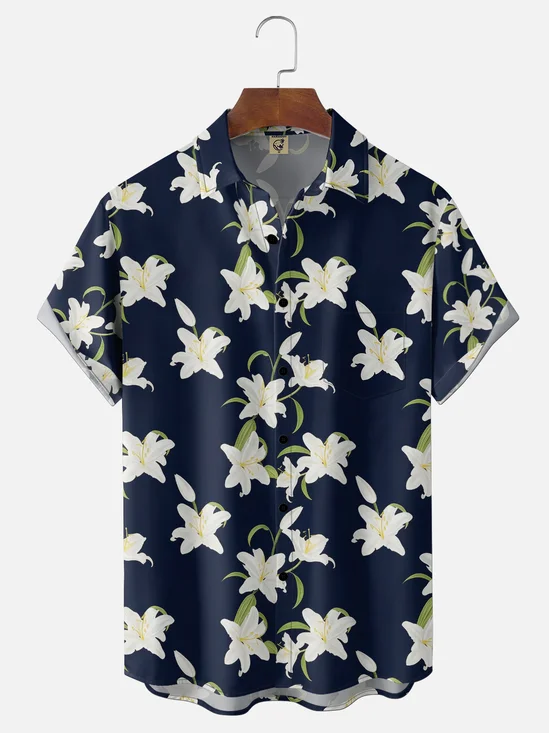 Moisture-Wicking Floral Bai Baihe Chest Pocket Hawaiian Shirt