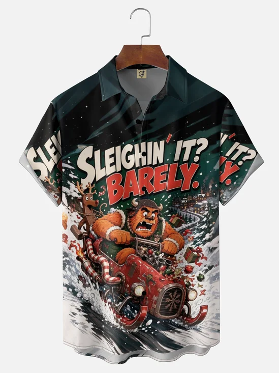 Moisture-Wicking Christmas Bigfoot Sleigh Fun Slogan“Sleighin' It? Barely” Chest Pocket Holiday Hawaiian Shirt