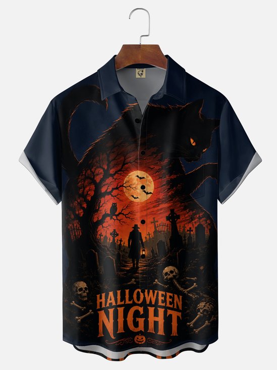 Moisture-Wicking American Vintage “Halloween Night” Cat Cemetery Skull Chest Pocket Holiday Hawaiian Shirt