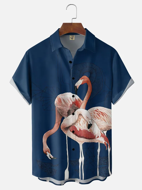 Moisture-Wicking Flamingo Geometric Line Art Chest Pocket Hawaiian Shirt