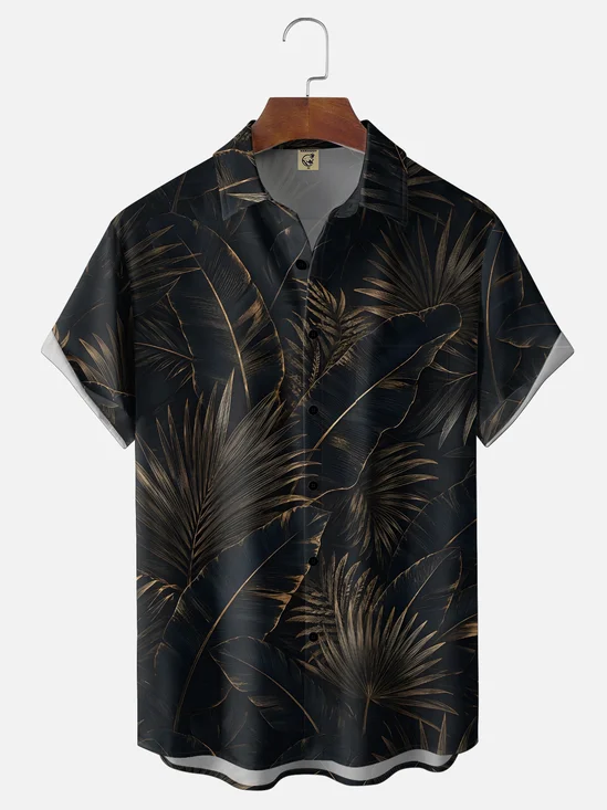 Moisture-Wicking Tropical Palm Leaf Chest Pocket Hawaiian Shirt