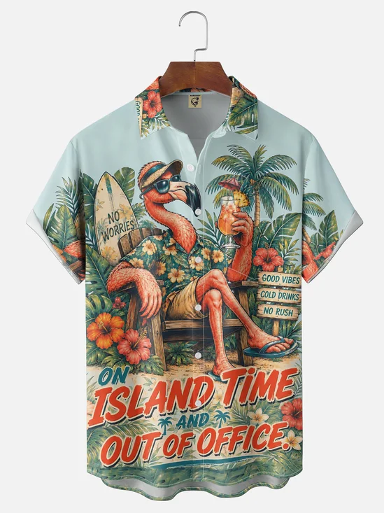 Moisture-Wicking American Vintage Tropical Flamingo Island Fun Slogan "On Island Time And Out Of Office" Chest Pocket Hawaiian Shirt