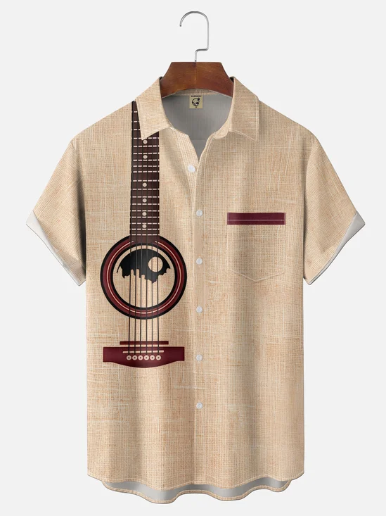 Moisture-Wicking Vintage Guitar Chest Pocket Casual Hawaiian Shirt