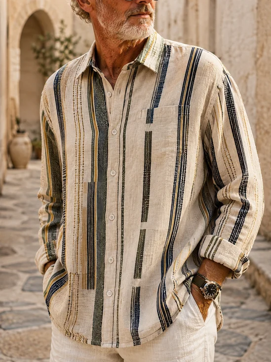 Linen-Texture Abstract Geometric Stripe Chest Pocket Casual Long-Sleeve Shirt