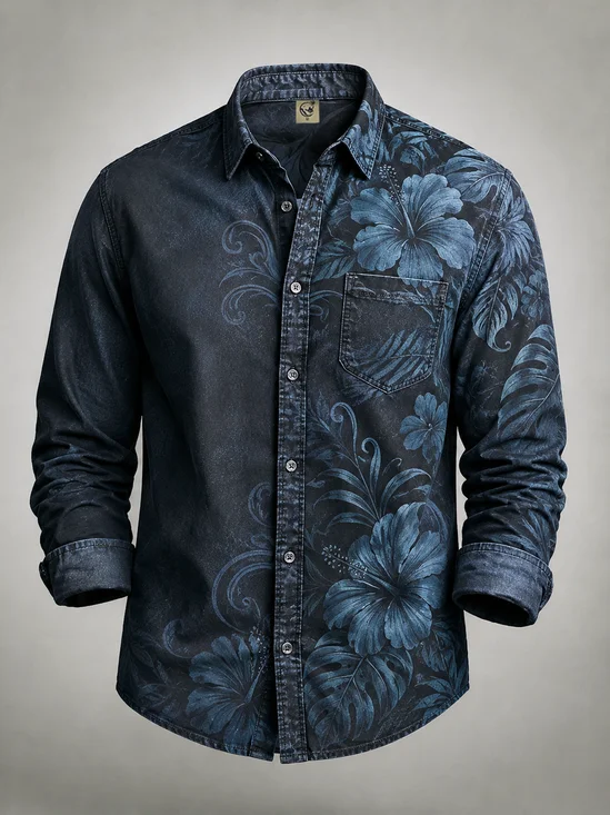 Moisture-Wicking Tropical Leaf Floral Chest Pocket Long-Sleeve Casual Shirt
