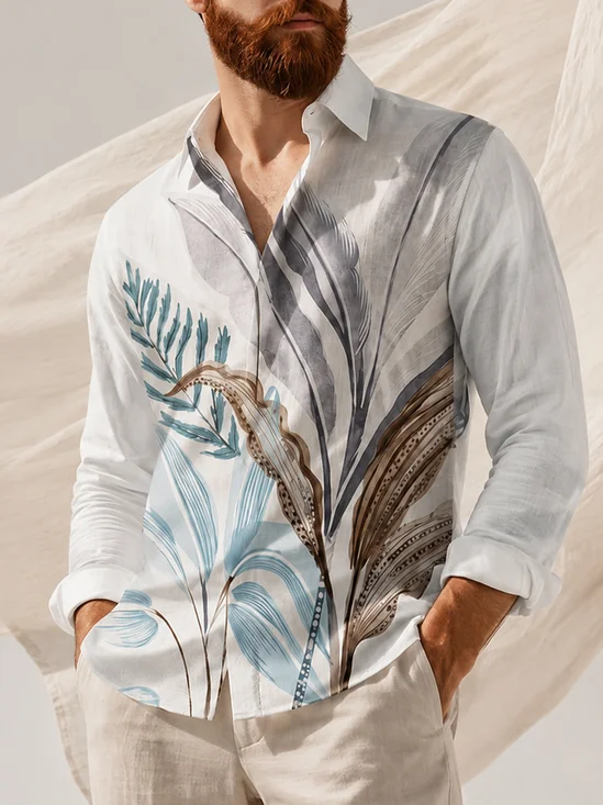 Linen-Texture  Tropical Leaf and Floral Chest Pocket Long-Sleeve Casual Shirt