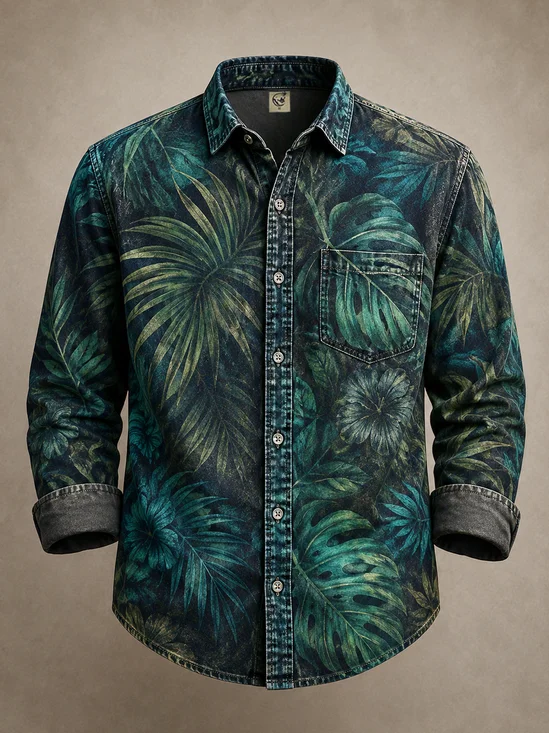 Moisture-Wicking  Tropical Leaf and Floral Chest Pocket Long-Sleeve Casual Shirt