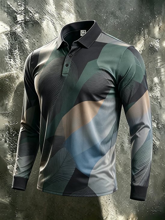 Moisture-Wicking Geometric Art & Color-Block Long-Sleeve Hawaiian Golf Polo