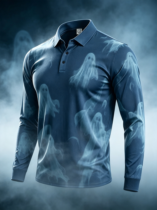 Moisture-Wicking Gradient Halloween Ghost Long-Sleeve Hawaiian Golf Polo