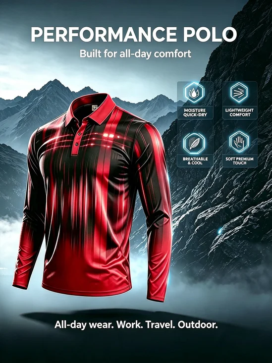 Moisture-Wicking Gradient 3D Abstract Geometric Color-Block Long-Sleeve Hawaiian Golf Polo