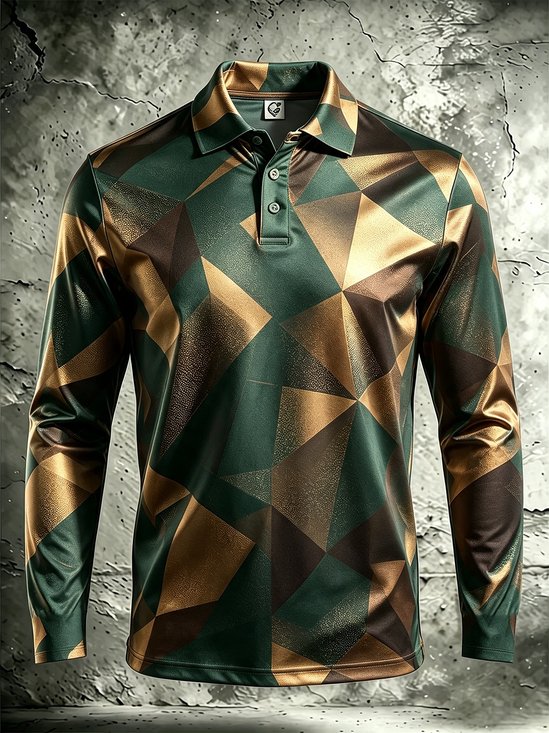 Moisture-Wicking Gradient 3D Abstract Geometric Color-Block Long-Sleeve Hawaiian Golf Polo