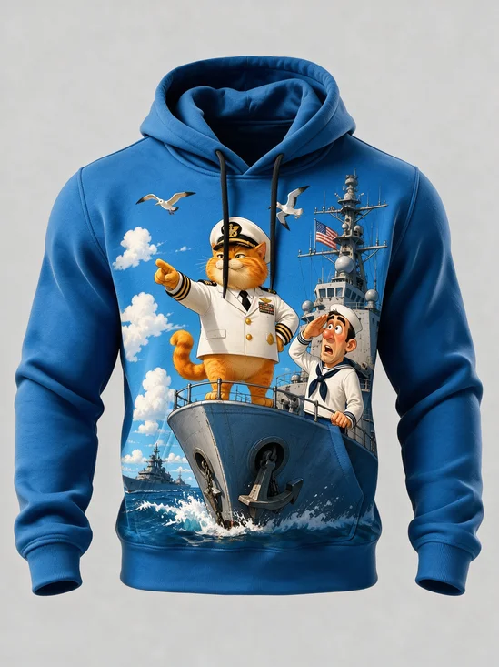 Veterans Day Fun Captain Cat Battleship Cartoon Sailor Kangaroo-Pocket Hoodie Sweatshirt