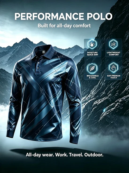 Moisture-Wicking Gradient 3D Abstract Geometric Crackle Print Long-Sleeve Hawaiian Golf Polo