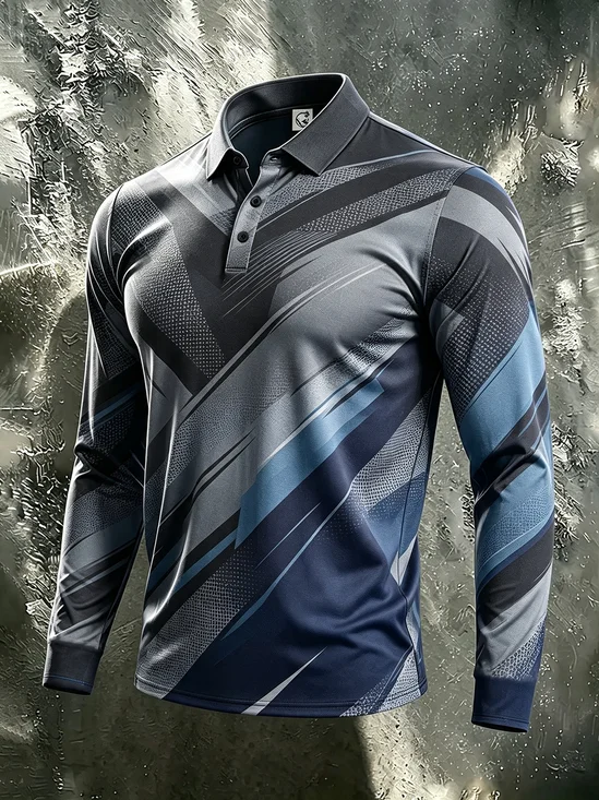 Moisture-Wicking Gradient Geometric Color-Block Polka-Dot Long-Sleeve Hawaiian Golf Polo