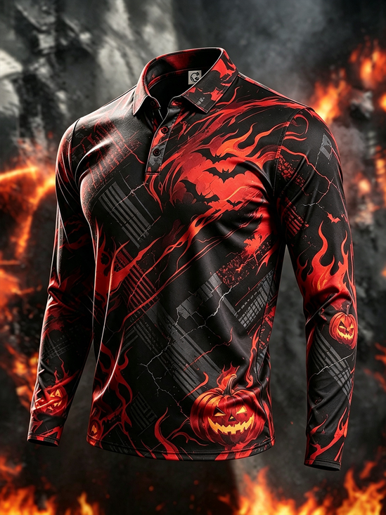 Moisture-Wicking Gradient Halloween Pumpkin Geometric Flame Long-Sleeve Hawaiian Golf Polo