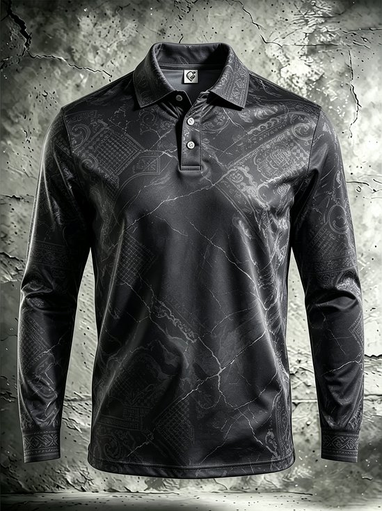 Moisture-Wicking Gradient 3D Abstract Geometric Crackle Print Long-Sleeve Hawaiian Golf Polo