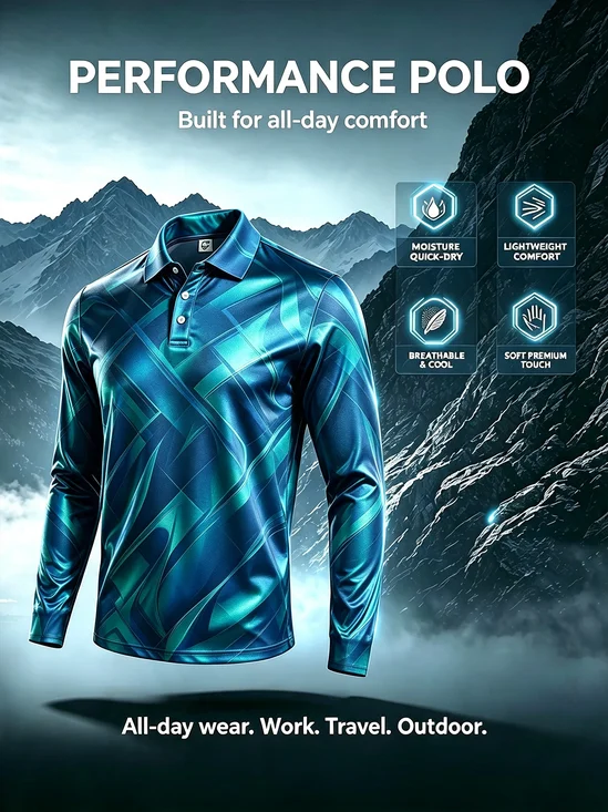 Moisture-Wicking Gradient 3D Abstract Geometric Color-Block Long-Sleeve Hawaiian Golf Polo