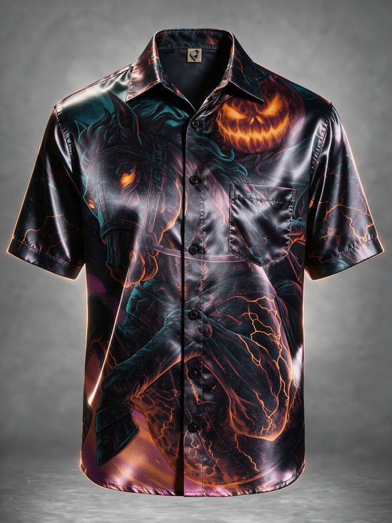 Breathable Silk Satin Halloween Skull Pumpkin Horse Chest Pocket Holiday Halloween Shirt