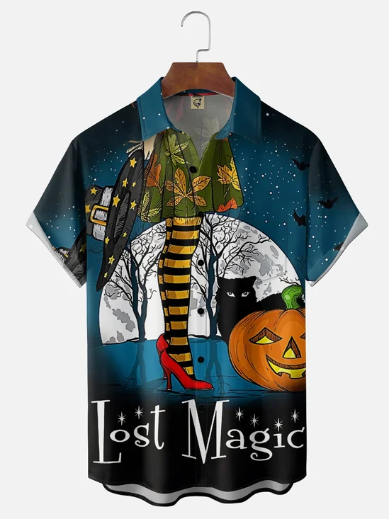 Moisture-Wicking Gradient  Halloween Theme Witch Legs Witch Hat Pumpkin Black Cat Chest Pocket   Hawaiian Shirt