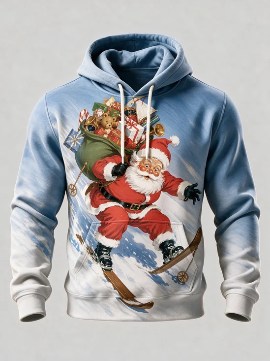 Christmas Vintage Skiing Santa Claus Gifts Cloth Bag Kangaroo-Pocket Hoodie Sweatshirt