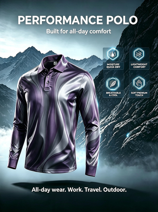 Moisture-Wicking Gradient 3D Abstract Geometric Color-Block Long-Sleeve Hawaiian Golf Polo