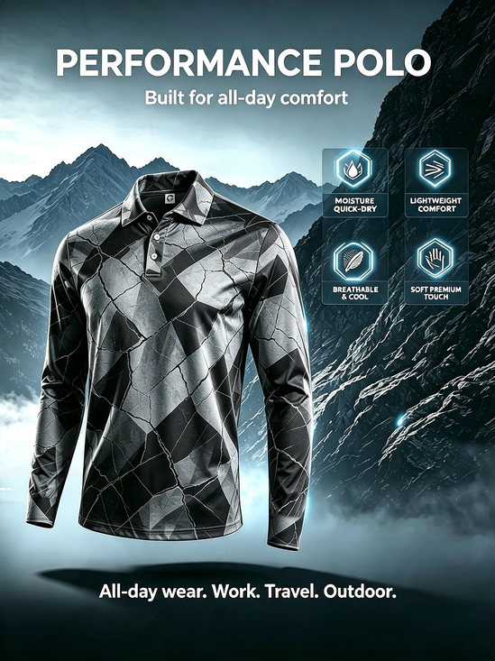 Moisture-Wicking Gradient 3D Abstract Geometric Crackle Print Long-Sleeve Hawaiian Golf Polo