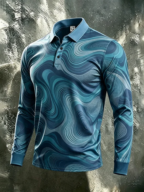 Moisture-Wicking Gradient 3D Abstract Geometric Color-Block Long-Sleeve Hawaiian Golf Polo