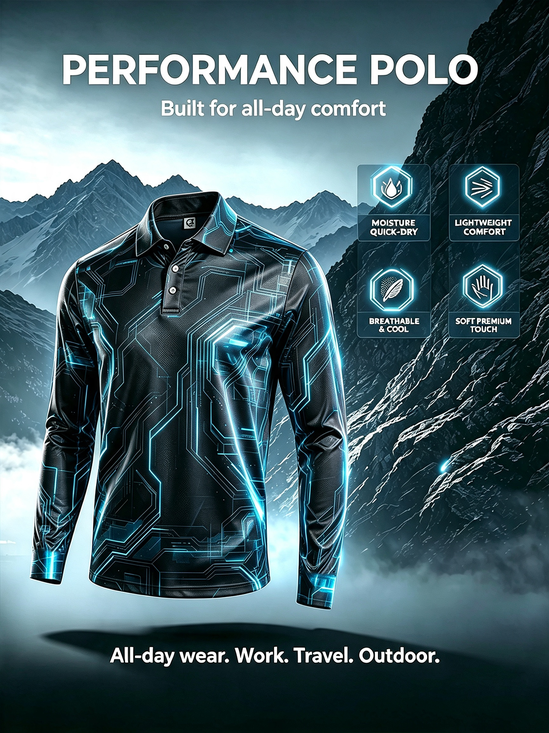 Moisture-Wicking Gradient 3D Abstract Tech-Geometric Color-Block Long-Sleeve Hawaiian Golf Polo