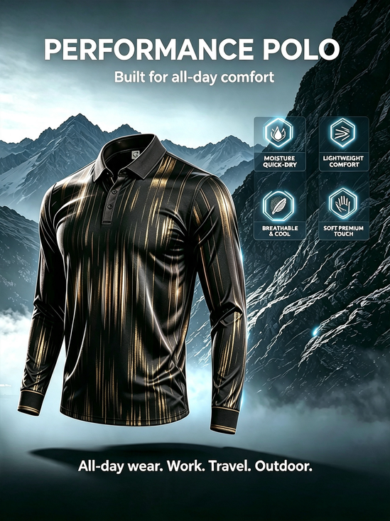 Moisture-Wicking Gradient 3D Abstract Geometric Long-Sleeve Hawaiian Golf Polo