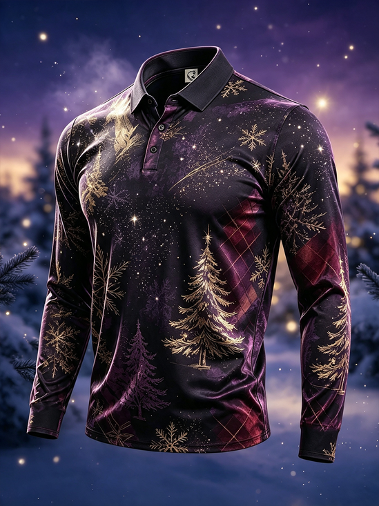 Moisture-Wicking Gradient Print Halloween Christmas Tree Snowflake Geometric Long-Sleeve Hawaiian Golf Polo