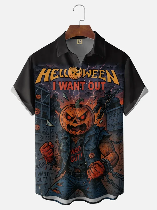 Moisture-Wicking Gradient Halloween Battling Pumpkin Men Chest Pocket Hawaiian Shirt