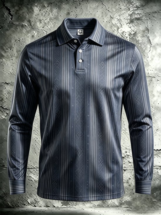 Moisture-Wicking Gradient 3D Abstract Geometric Color-Block Long-Sleeve Hawaiian Golf Polo