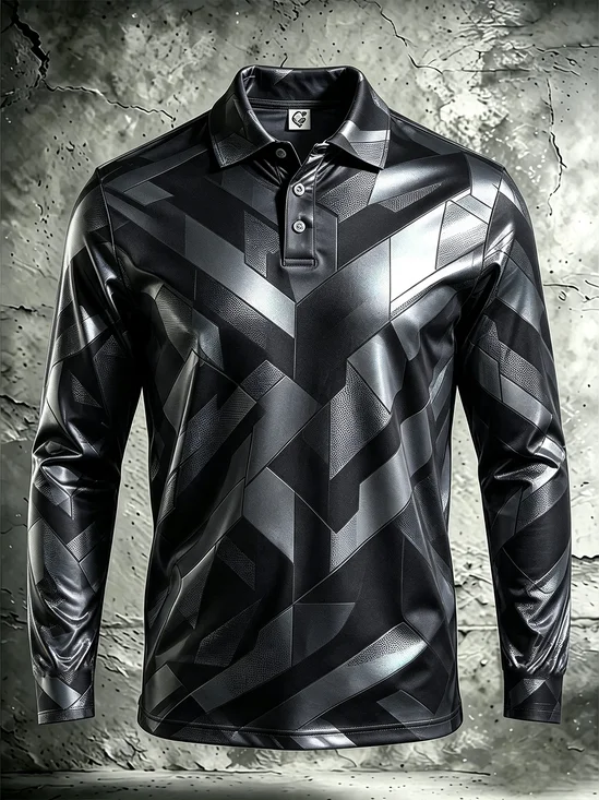 Moisture-Wicking Gradient 3D Abstract Geometric Color-Block Long-Sleeve Hawaiian Golf Polo