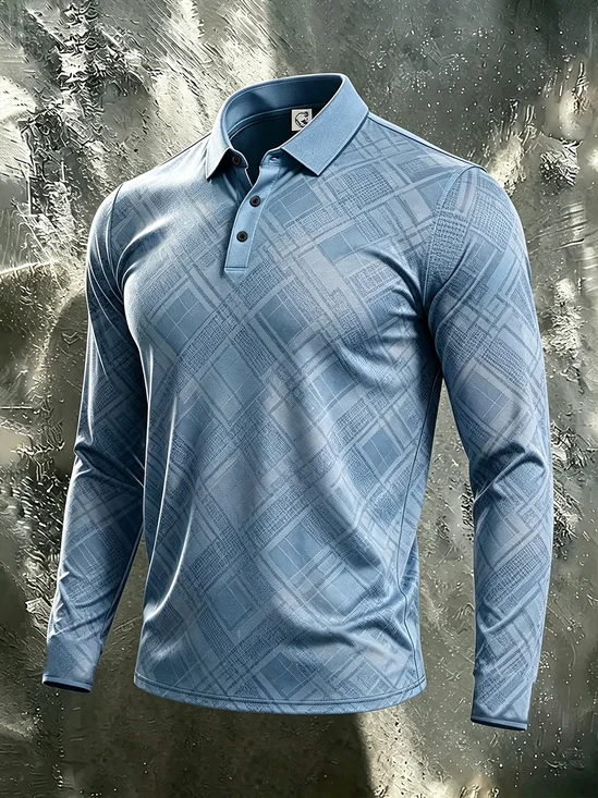 Moisture-Wicking Gradient 3D Abstract Geometric Color-Block Long-Sleeve Hawaiian Golf Polo