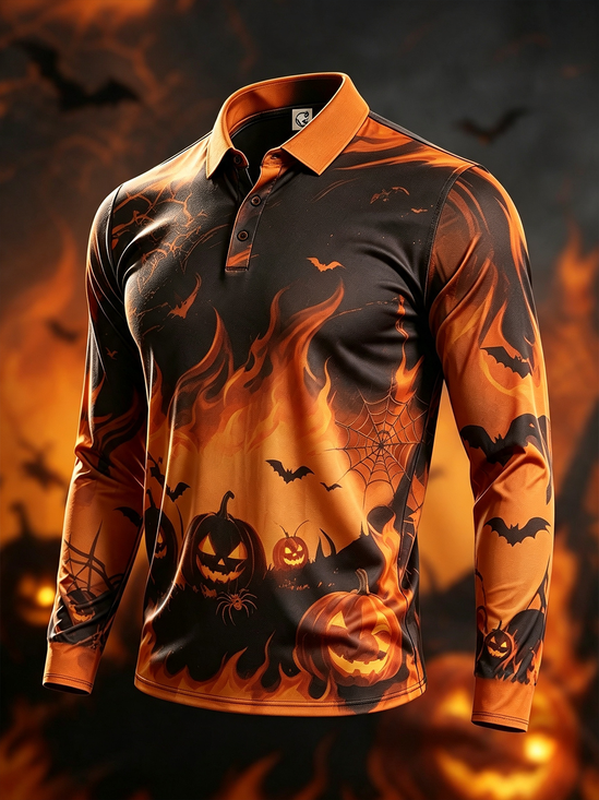 Moisture-Wicking Gradient Print  Halloween Pumpkin Spiderweb Flame Long-Sleeve Hawaiian Golf Polo