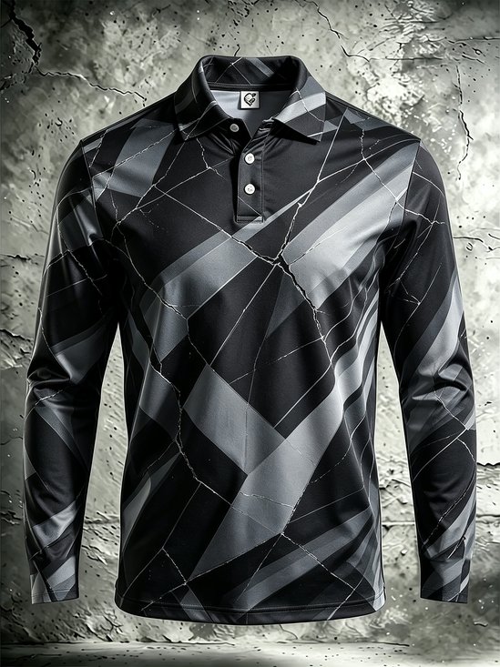 Moisture-Wicking Gradient 3D Abstract Geometric Crackle Print Long-Sleeve Hawaiian Golf Polo