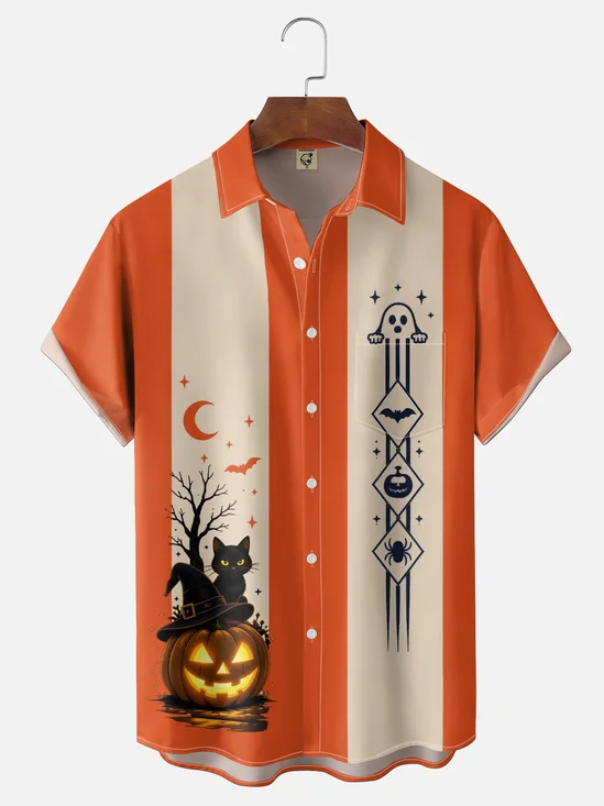 Moisture-Wicking Halloween Black Cat Witch Hat Pumpkin Ghost Chest Pocket Hawaiian Shirt