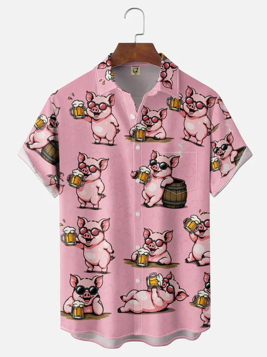 Moisture-Wicking Ombré Beer & Pink Pig Chest Pocket Hawaiian Shirt