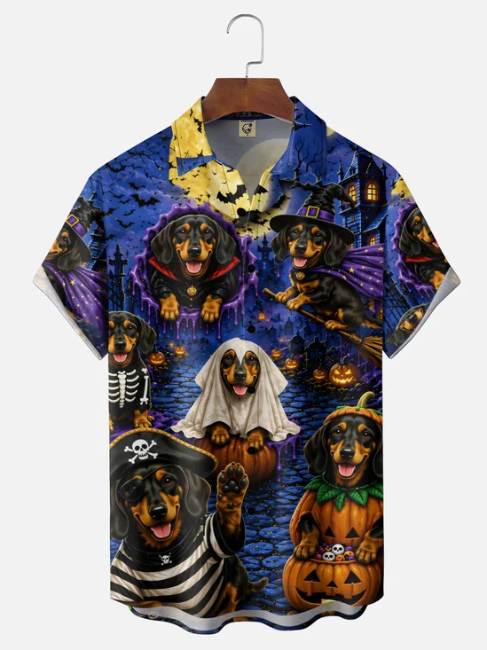 Moisture-Wicking Halloween Pumpkin Ghost Skull Dog Chest Pocket Hawaiian Shirt