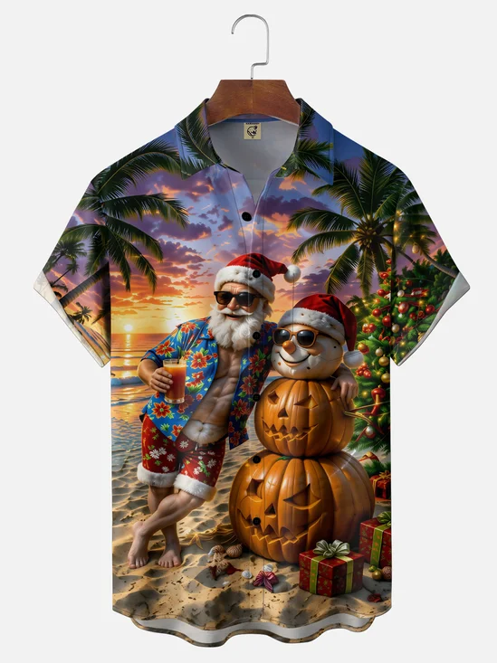 Moisture-Wicking Christmas & Halloween Themes Santa Pumpkin Skull Chest Pocket Hawaiian Shirt