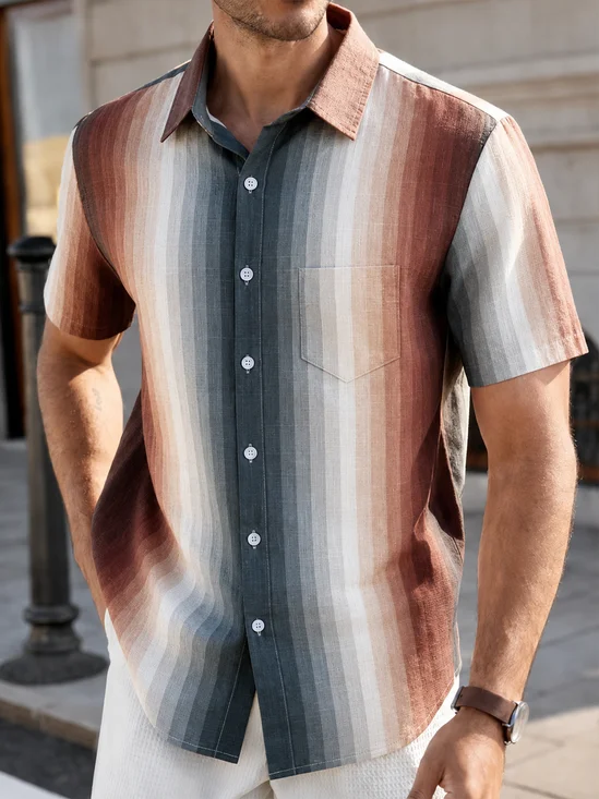 Linen-Texture Abstract Gradient Geometric Stripe  Chest Pocket Casual Shirt