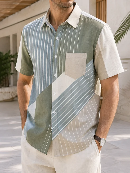 Linen-Texture Abstract Stripe Geometric Chest Pocket Casual Shirt