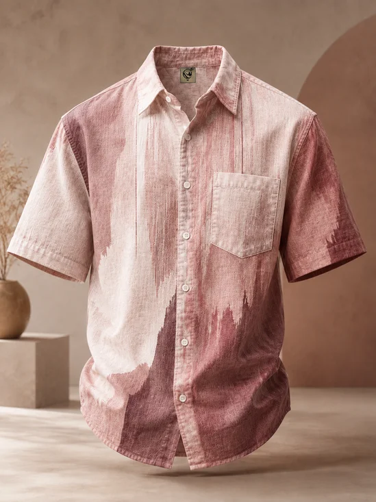 Linen-Texture Abstract Gradient Geometric Lines Chest Pocket Casual Shirt