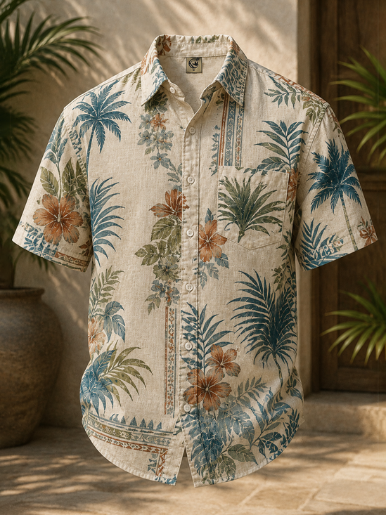 Linen-Texture  Tropical Botanical Gradient Chest Pocket Casual Shirt