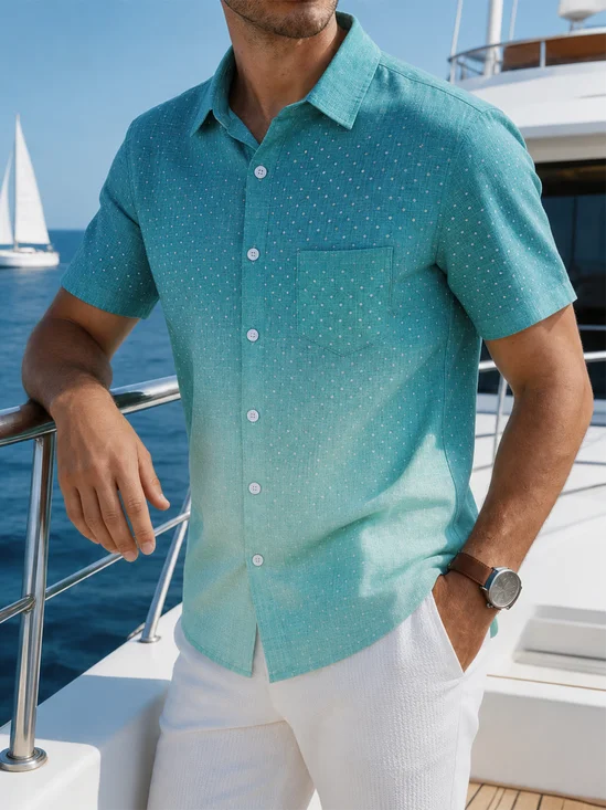Linen-Texture Abstract Gradient Polka-Dot Chest Pocket  Casual Shirt