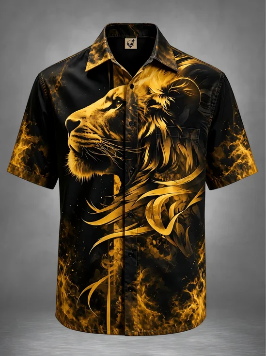 Moisture-Wicking Art Lion Chest Pocket Hawaiian Shirt