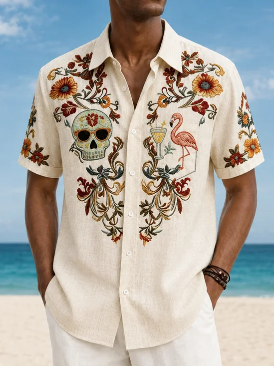 Linen-Texture Leaf & Floral Skull-Flamingo Casual Chest Pocket Shirt