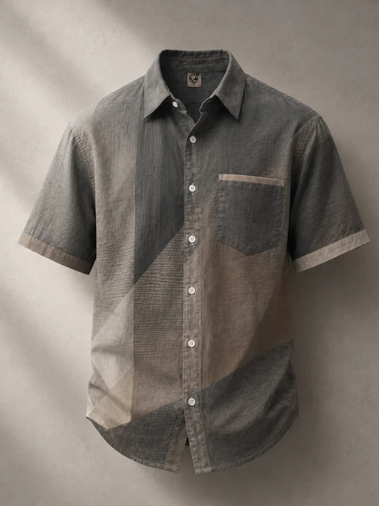 Linen-Texture  Abstract Gradient Geometric Color Blocks  Chest Pocket Casual Shirt