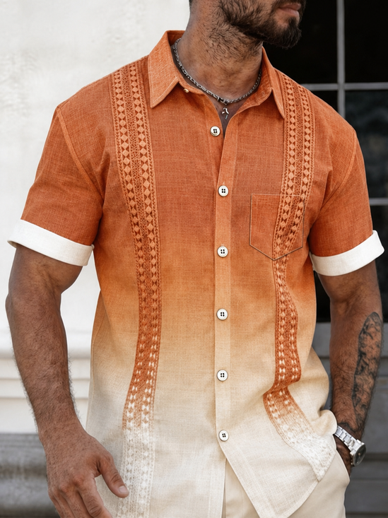 Linen-Texture Abstract Gradient Geometric Stripe Casual Chest Pocket Guayabera Shirt