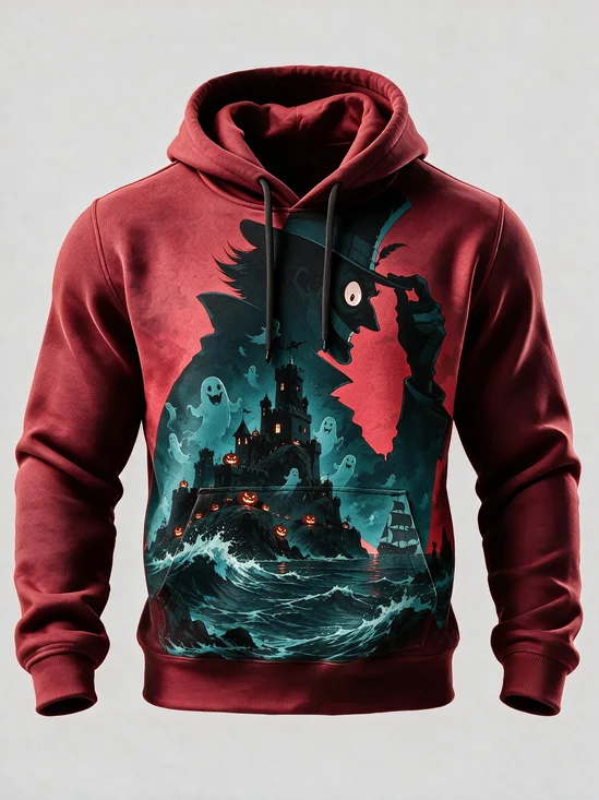 Halloween Dark Style Monster Ghosts Pumpkin Castle 3D Ocean waves Kangaroo-Pocket Hoodie Sweatshirt